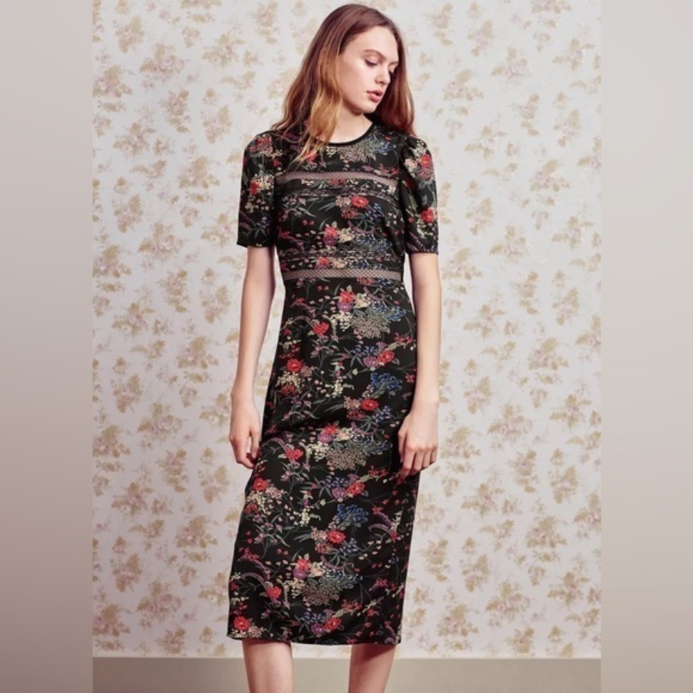 Urban Outfitters Emma Marie Lace Trim Floral Midi Dress in Black Size Small